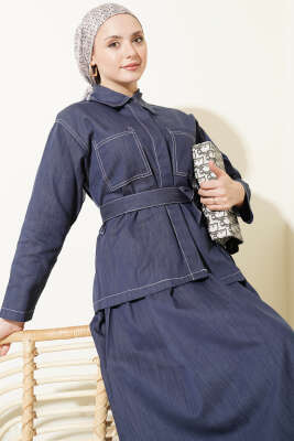 Kuşaklı Çift Cepli Etekli İkili Takım İndigo - İkili Takım