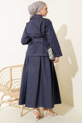 Kuşaklı Çift Cepli Etekli İkili Takım İndigo - İkili Takım