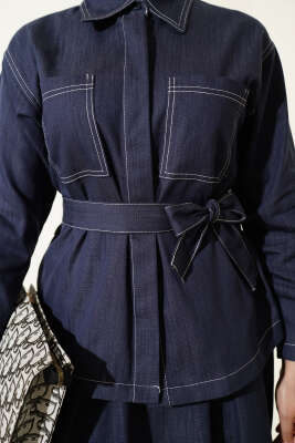 Kuşaklı Çift Cepli Etekli İkili Takım İndigo - İkili Takım