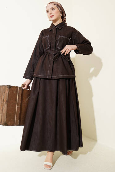 Kuşaklı Çift Cepli Etekli İkili Takım Kahve - İkili Takım