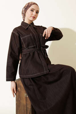 Kuşaklı Çift Cepli Etekli İkili Takım Kahve - İkili Takım