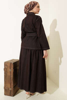 Kuşaklı Çift Cepli Etekli İkili Takım Kahve - İkili Takım