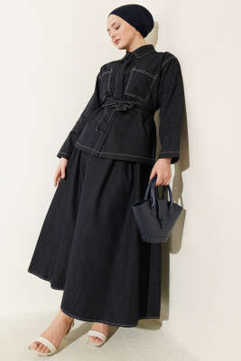 Kuşaklı Çift Cepli Etekli İkili Takım Lacivert - HATUN