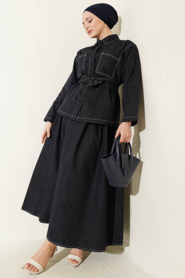 Kuşaklı Çift Cepli Etekli İkili Takım Lacivert - İkili Takım