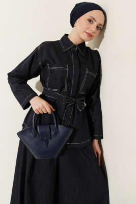 Kuşaklı Çift Cepli Etekli İkili Takım Lacivert - İkili Takım