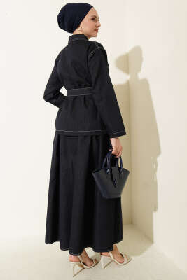 Kuşaklı Çift Cepli Etekli İkili Takım Lacivert - İkili Takım