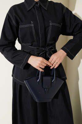 Kuşaklı Çift Cepli Etekli İkili Takım Lacivert - İkili Takım