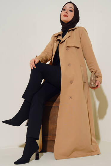 Kuşaklı Çift Cepli Uzun Trençkot Camel - Trençkot