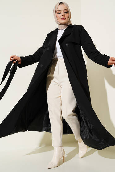 Kuşaklı Çift Cepli Uzun Trençkot Siyah - Trençkot Kadın