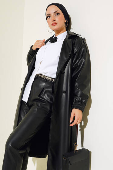 Kuşaklı Deri Trençkot Siyah - Trençkot