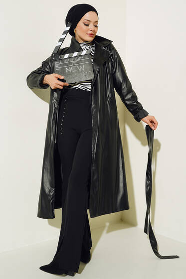 Kuşaklı Deri Uzun Trençkot Siyah - Trençkot