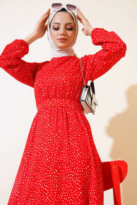 Kuşaklı Desenli Bürümcük Elbise Kırmızı 