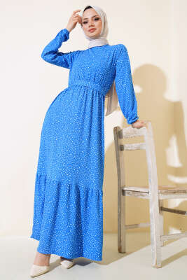 Kuşaklı Desenli Bürümcük Elbise Mavi 
