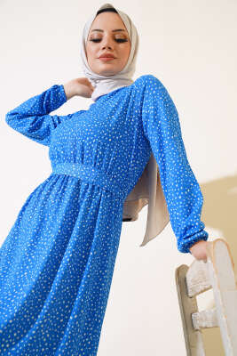Kuşaklı Desenli Bürümcük Elbise Mavi - Tesettür Elbise