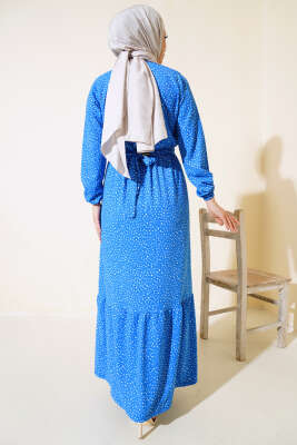 Kuşaklı Desenli Bürümcük Elbise Mavi - Tesettür Elbise