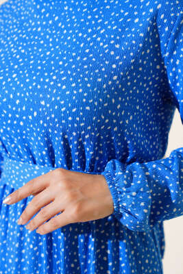 Kuşaklı Desenli Bürümcük Elbise Mavi - Tesettür Elbise