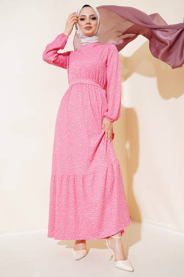 Kuşaklı Desenli Bürümcük Elbise Pudra - Elbise