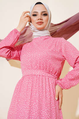 Kuşaklı Desenli Bürümcük Elbise Pudra - Tesettür Elbise