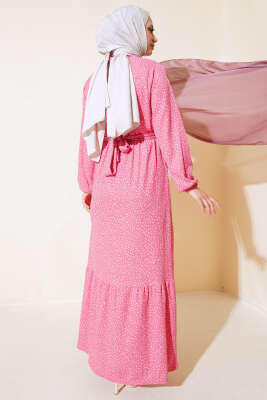 Kuşaklı Desenli Bürümcük Elbise Pudra - Tesettür Elbise