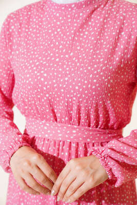 Kuşaklı Desenli Bürümcük Elbise Pudra - Tesettür Elbise