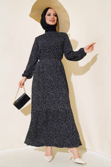 Kuşaklı Desenli Bürümcük Elbise Siyah - Elbise