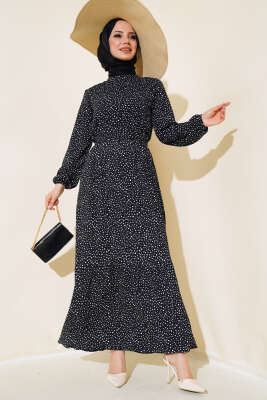 Kuşaklı Desenli Bürümcük Elbise Siyah 