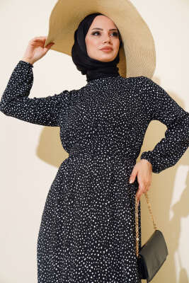 Kuşaklı Desenli Bürümcük Elbise Siyah - Tesettür Elbise