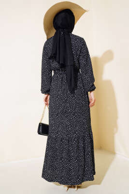 Kuşaklı Desenli Bürümcük Elbise Siyah - Tesettür Elbise