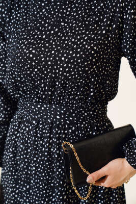 Kuşaklı Desenli Bürümcük Elbise Siyah - Tesettür Elbise