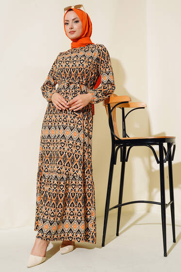 Kuşaklı Desenli Elbise Hardal - Elbise