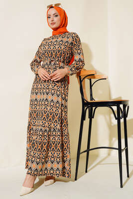 Kuşaklı Desenli Elbise Hardal 