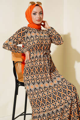 Kuşaklı Desenli Elbise Hardal - Tesettür Elbise