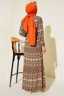 Kuşaklı Desenli Elbise Hardal - Tesettür Elbise