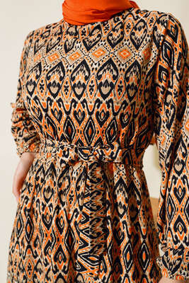 Kuşaklı Desenli Elbise Hardal - Tesettür Elbise