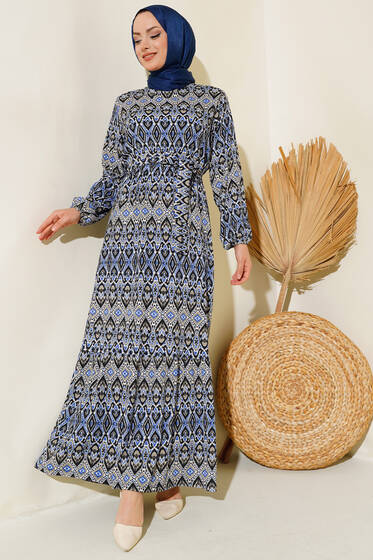 Kuşaklı Desenli Elbise Saks - Elbise