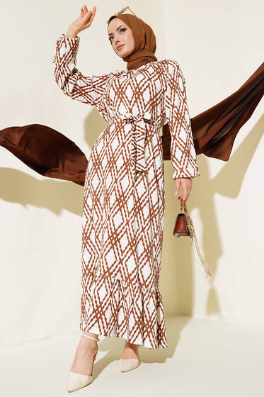 Kuşaklı Desenli Elbise Kahve - Elbise