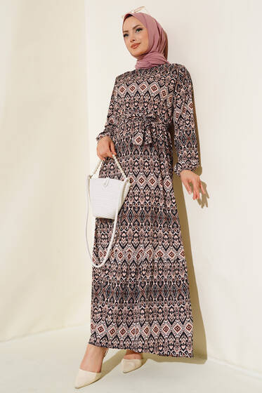 Kuşaklı Desenli Elbise Pudra - Elbise
