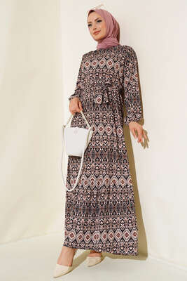 Kuşaklı Desenli Elbise Pudra 