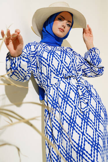 Kuşaklı Desenli Elbise Saks - Elbise