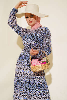 Kuşaklı Desenli Elbise Saks Pudra - Tesettür Elbise