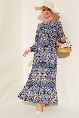 Kuşaklı Desenli Elbise Saks Pudra - Tesettür Elbise