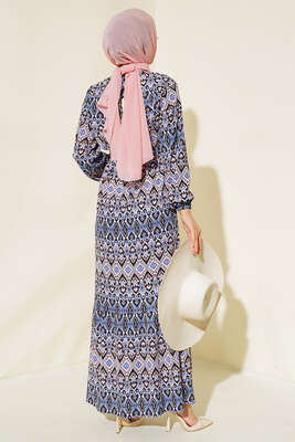 Kuşaklı Desenli Elbise Saks Pudra - Tesettür Elbise