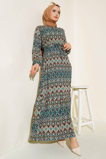 Kuşaklı Desenli Elbise Saks Zümrüt - Elbise