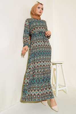 Kuşaklı Desenli Elbise Saks Zümrüt 