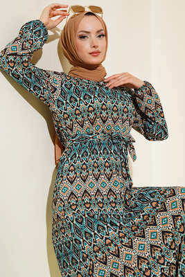 Kuşaklı Desenli Elbise Saks Zümrüt - Tesettür Elbise