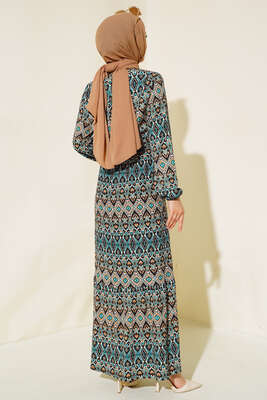 Kuşaklı Desenli Elbise Saks Zümrüt - Tesettür Elbise