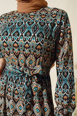 Kuşaklı Desenli Elbise Saks Zümrüt - Tesettür Elbise