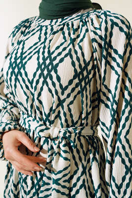Kuşaklı Desenli Elbise Zümrüt Yeşili - Thumbnail