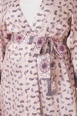 Kuşaklı Desenli Kimono Bej - Thumbnail