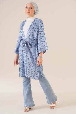 Kuşaklı Desenli Kimono Mavi - Thumbnail